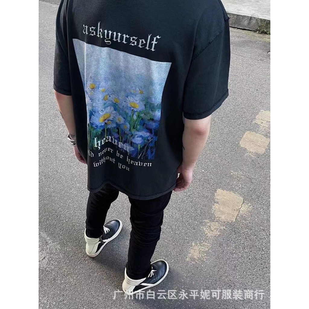 7D6R ASK Paradise Daisy Oil Painting Print Niche Summer Loose Casual Round Neck Short Sleeve for Men