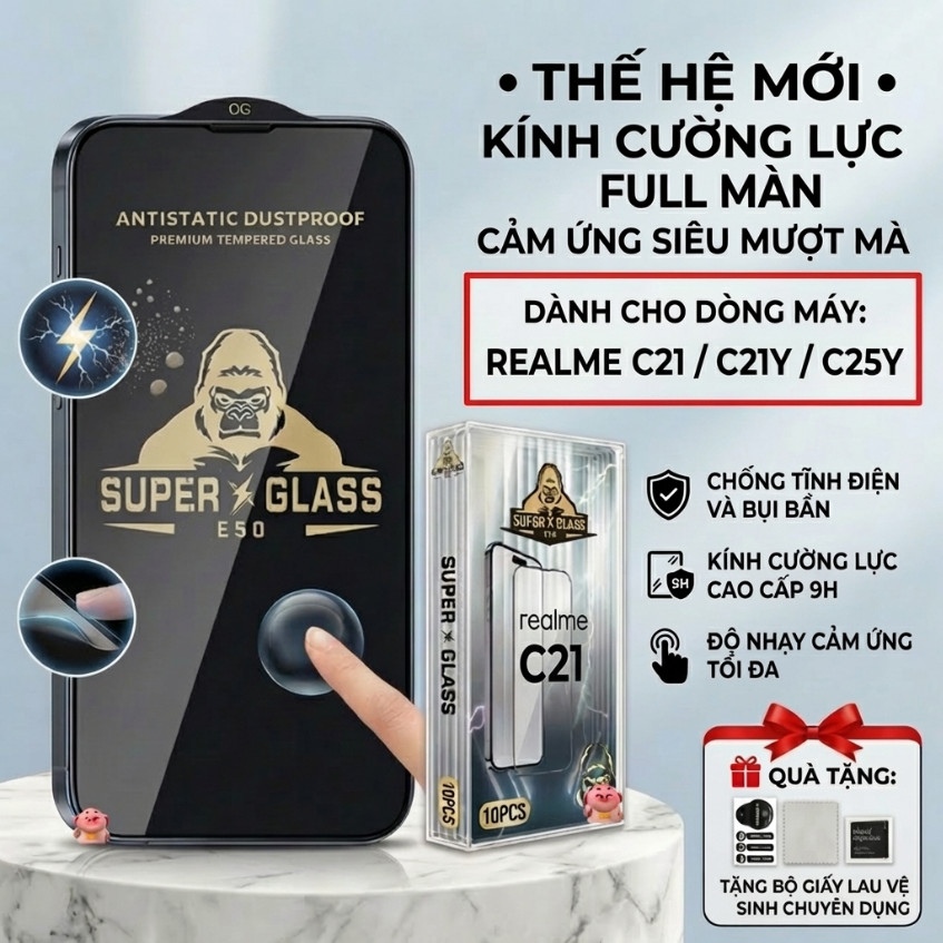 Kính cường lực cao cấp Realme C21/ C21Y/ C25Y cảm ứng mượt mà, full màn- HEKON>KINGKONG