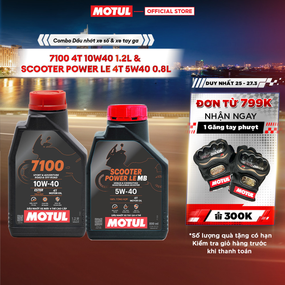 Combo Dầu nhớt xe máy MOTUL 7100 4T 10W40 1.2L và xe tay ga Scooter Power LE 4T 5W40 0.8L