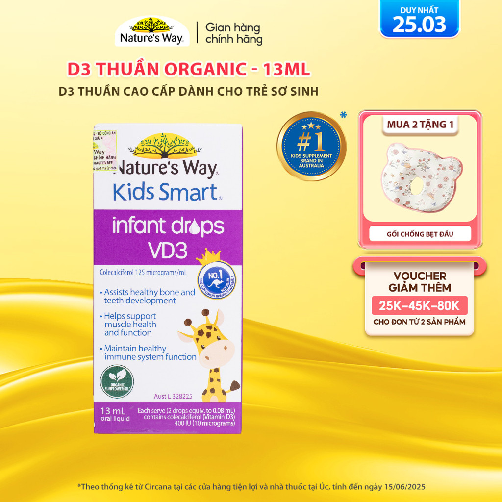 Vitamin D3 ORGANIC Nature’s Way, D3 Thuần Cho Trẻ Sơ Sinh Kids Smart Infant Drops VD3 - Hộp 13ml