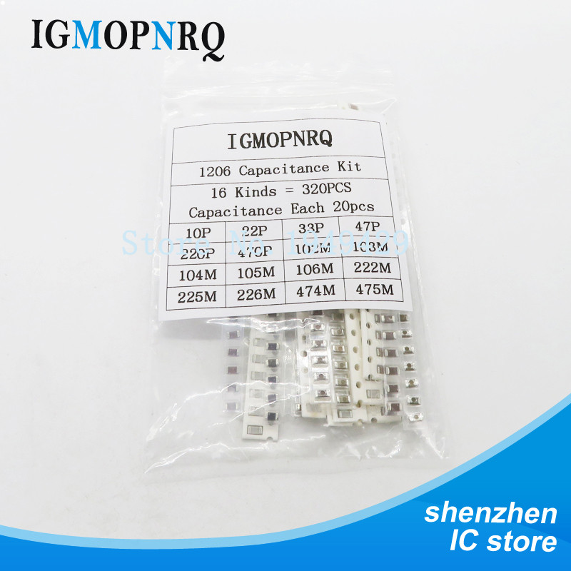 16values * 20pcs = 320pcs 1206 SMD Tụ điện các loại bộ 10pF ~ 22uF thành phần tự làm mẫu bộ mới và