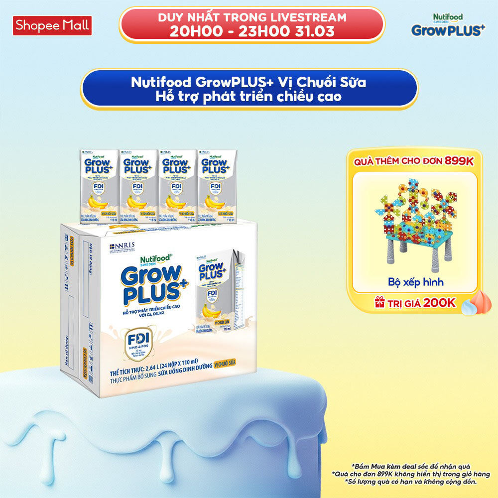 Thùng 24 hộp Sữa bột pha sẵn Nutifood Sweden GrowPLUS+ Vị Chuối Sữa hộp 110ml - Trên 1 tuổi (24 x 11