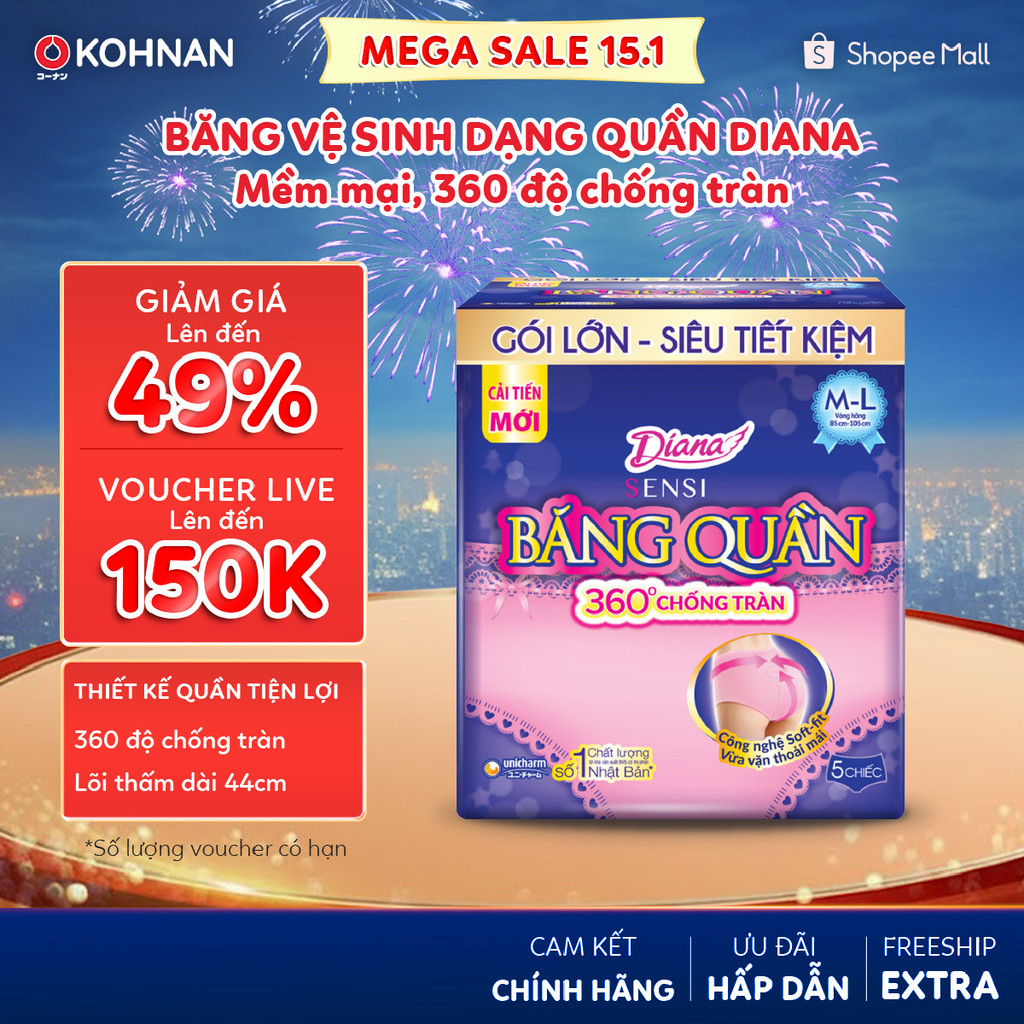 Băng vệ sinh dạng quần DIANA mềm mại, 360 độ chống tràn