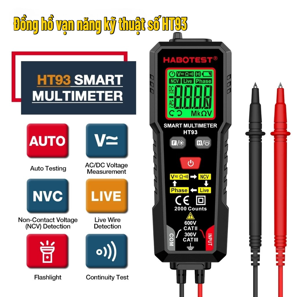 HABOTEST HT93 Máy đo điện áp vạn năng kỹ thuật số thông minh 2000 Máy đo điện áp đếm NCV