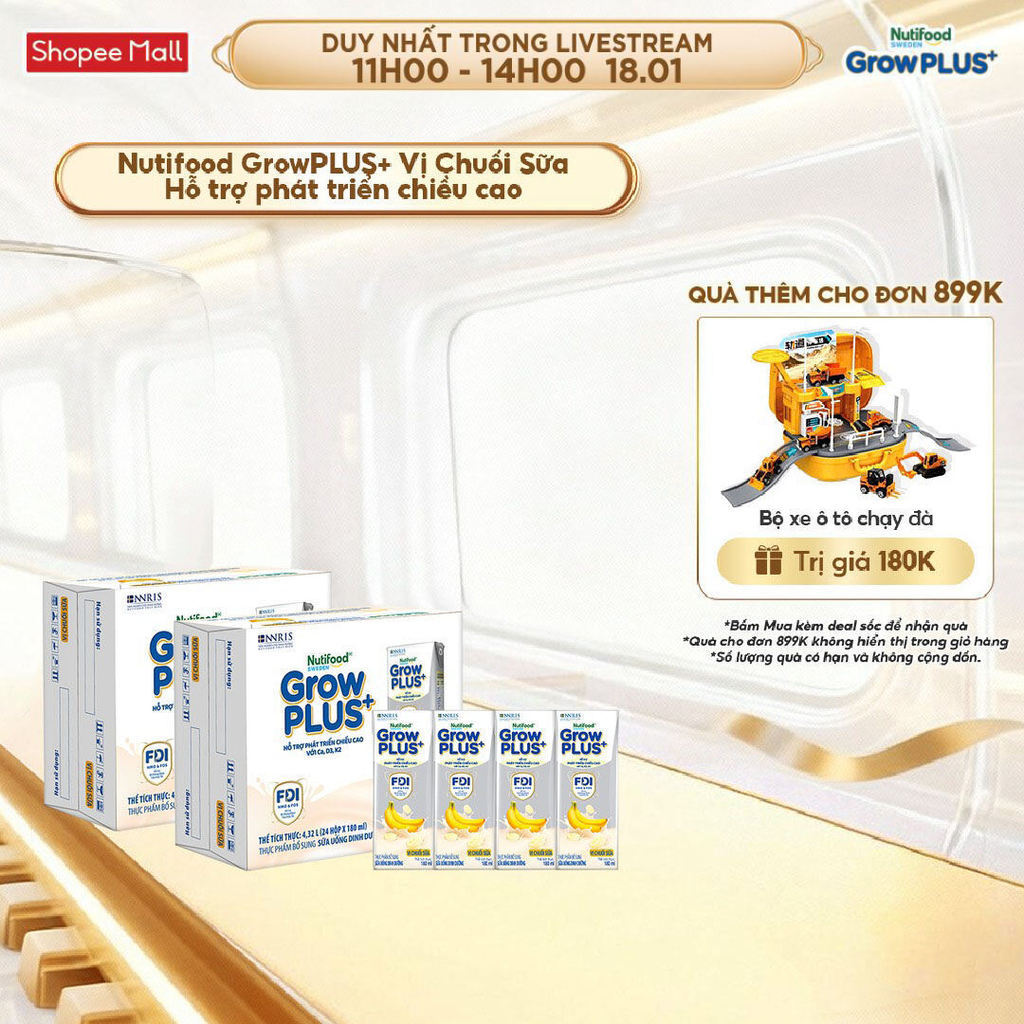 Combo 2 Thùng 24 hộp Sữa bột pha sẵn Nutifood Sweden GrowPLUS+ Vị Chuối Sữa hộp 180ml - Trên 1 tuổi