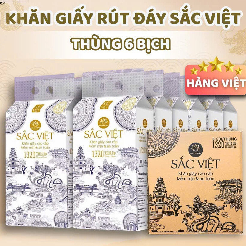 Thùng 6 Bịch Giấy Rút Treo Tường Sắc Việt 1320 Tờ 4 Lớp Mềm Mịn,Thành Phần Bột Gỗ Tự Nhiên 100% AILE