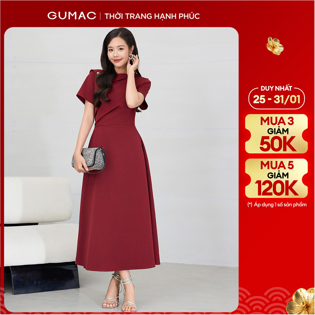 [MUA 3 GIẢM 50K] Đầm nữ dáng A GUMAC xếp ly một bên eo thân trên 2 lớp có đính nút kim loại trang tr