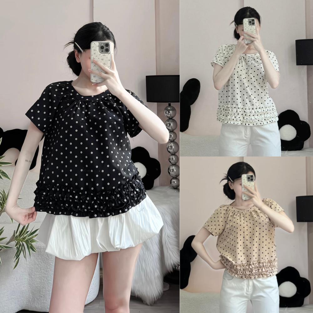 Áo Kiểu Nữ Chấm Bi Phối Bèo 3 Tầng Xinh Xắn Chất Liệu Đũi Thô Mềm Mát PhulinhFashion MS226 | BigBuy360 - bigbuy360.vn