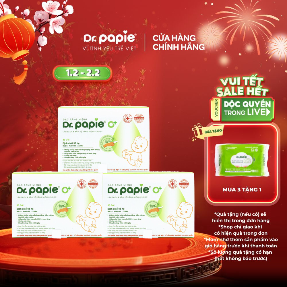 Combo 3 hộp Gạc rơ lưỡi Dr.Papie 0+ tiêu chuẩn 5 sao, làm sạch răng lưỡi nướu khoang miệng cho bé sơ