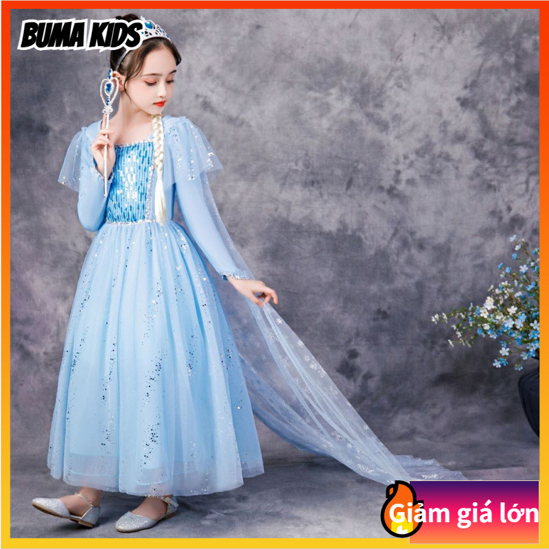 BUMA KIDS🔥Váy Cotton nguyên chất dài tay công chúa Elsa phong cách Elsa