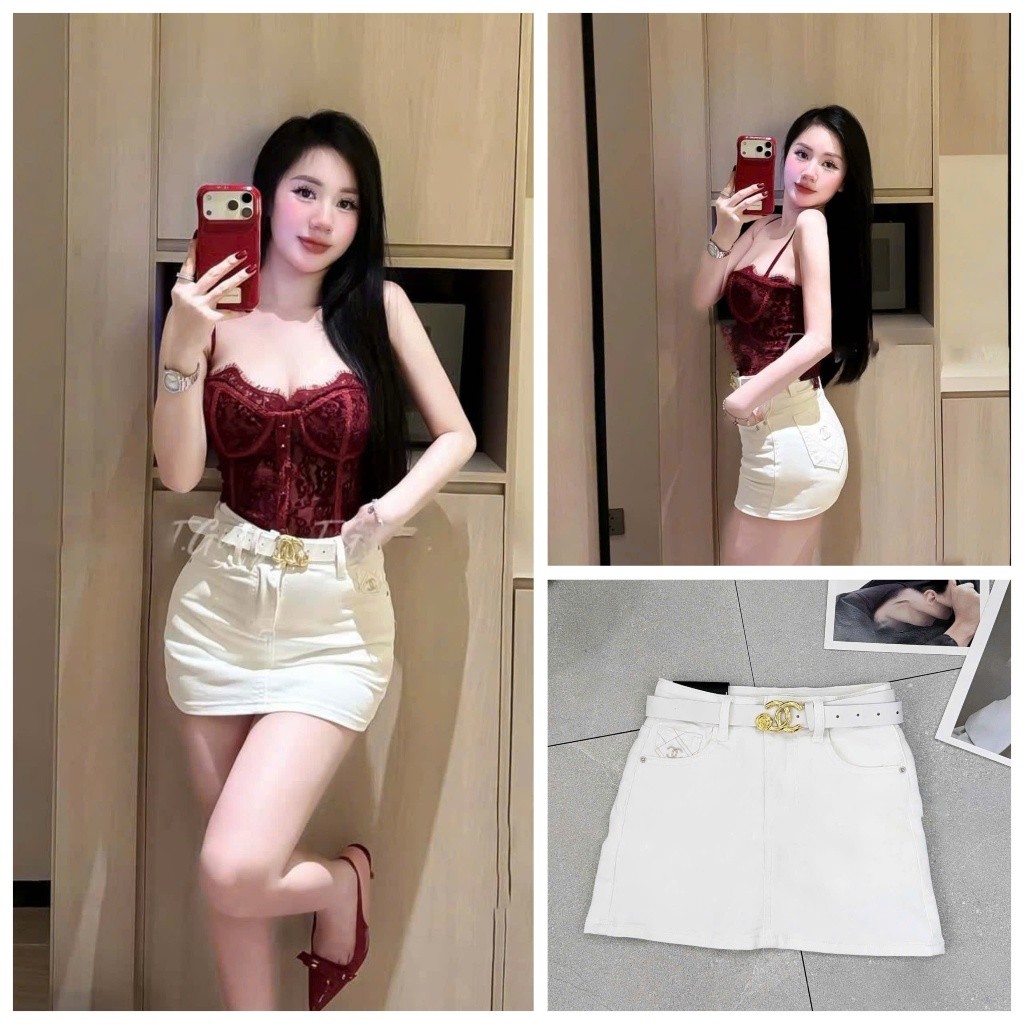 [Follow shop nhận mã 10k] Chân váy jean denim bò chữ A trắng kèm đai Meo Meo Shop QCCC CV0749 81285