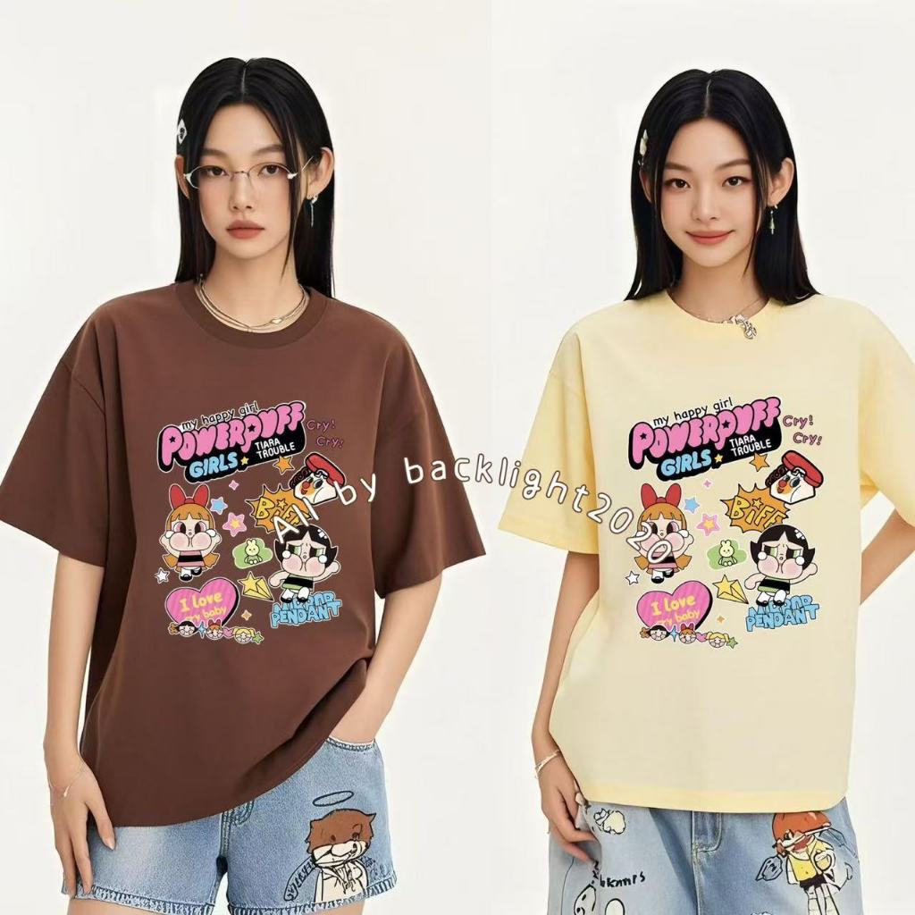 Áo Thun Tay Ngắn Oversize Cotton 100% Hình Powerpuff Girls Cho Bé Gái