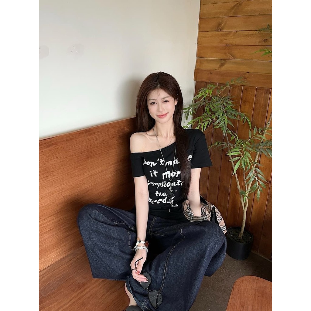 Áo Thun Ngắn Tay Trễ Vai Phong Cách Hàn Quốc Dành Cho Nữ Thời Trang Mùa Hè Mới Có in Chữ | BigBuy360 - bigbuy360.vn