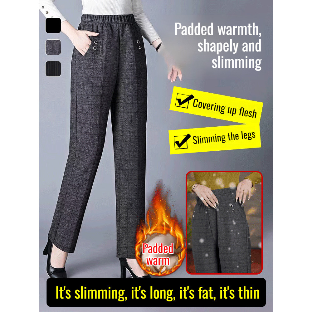 Quần dài cạp cao rộng rãi, chất liệu nỉ dày dặn, thích hợp cho phụ nữ trung niên và cao tuổi vào mùa