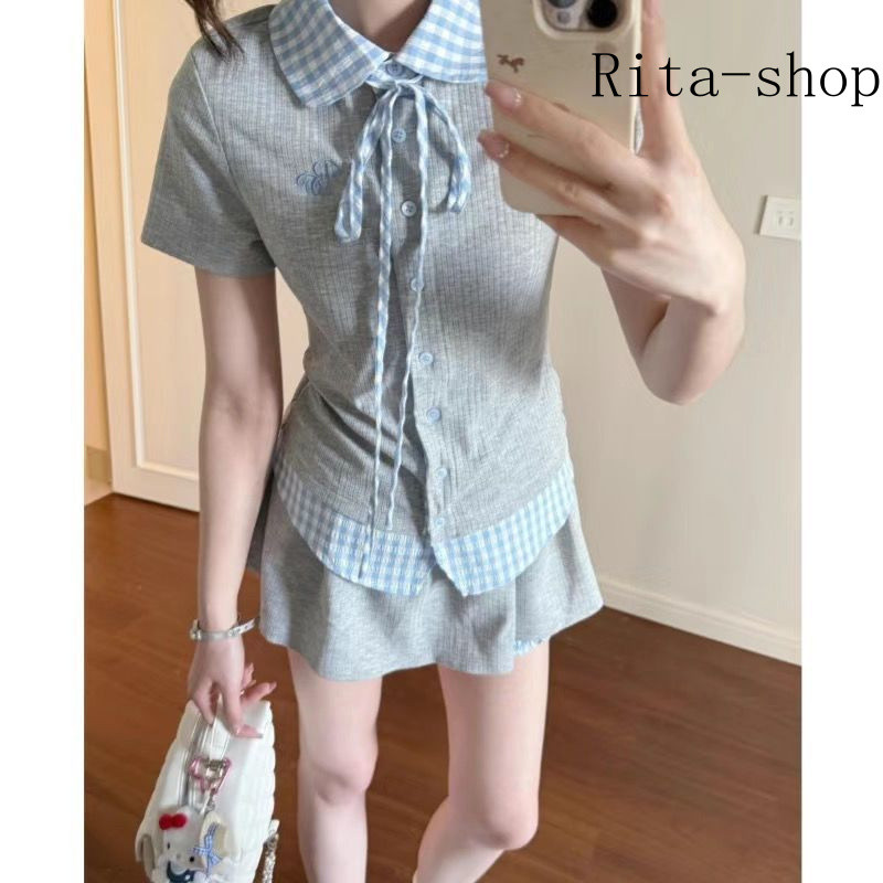 [Pre-Oder] Set Áo Polo Thêu Phối Caro Phong Cách Học Viện Hàn Quốc Phối Váy Quần Trẻ Trung Mùa Hè Hai Món | BigBuy360 - bigbuy360.vn