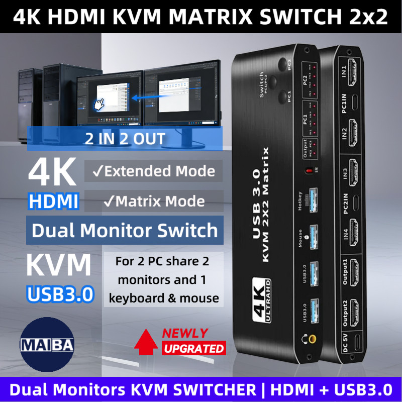 Mới 4K Màn hình kép HDMI KVM Matrix Switch 2 trong 2 ra HDMI KVM Switcher 2x2 Màn hình mở rộng hỗn h
