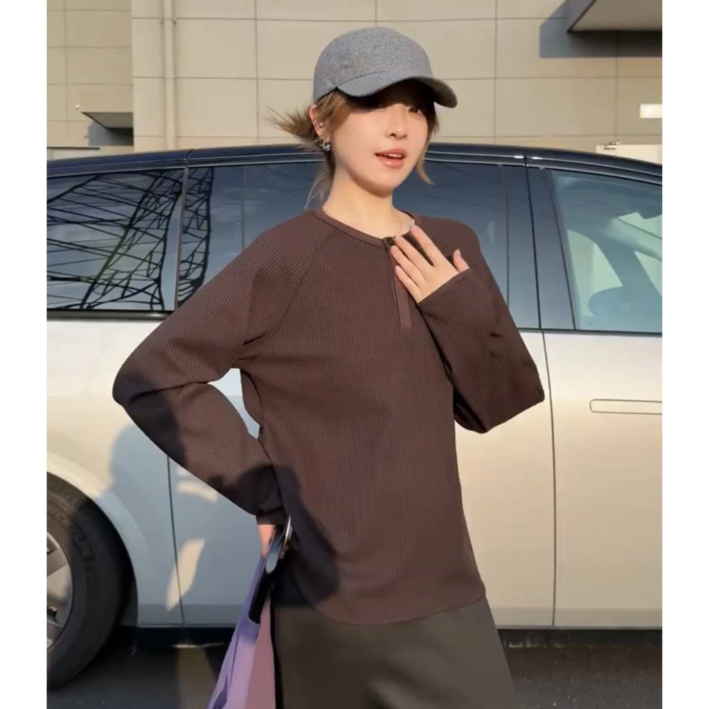 YX0M Lightweight air-waffle single-button henley collar long sleeve T T-shirt, sweatshirt, breathabl