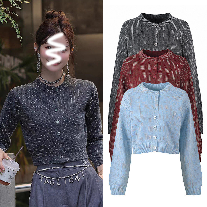 O95K Knitted Cardigan2024Autumn and winter design, heavy-duty rhinestone embellished, round-neck, lo