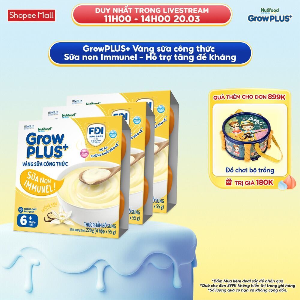 Combo 3 lốc GrowPLUS+ Váng sữa công thức Sữa non Immunel Hỗ trợ tăng đề kháng (55g x 12 hộp)