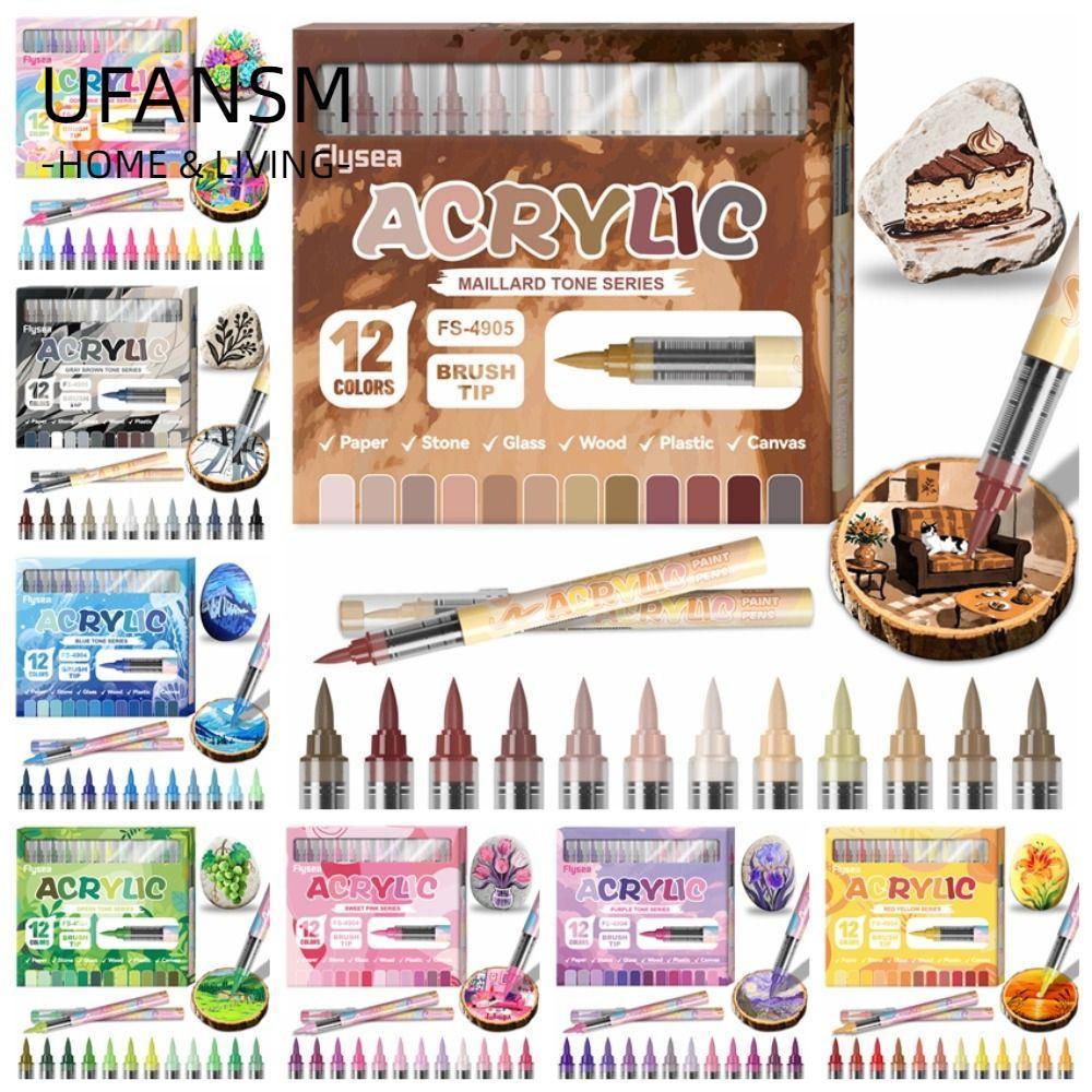 Bút đánh dấu acrylic UFASM, Mực lỏng trực tiếp 12 màu Bút đánh dấu sơn acrylic, Đồ dùng nghệ thuật D