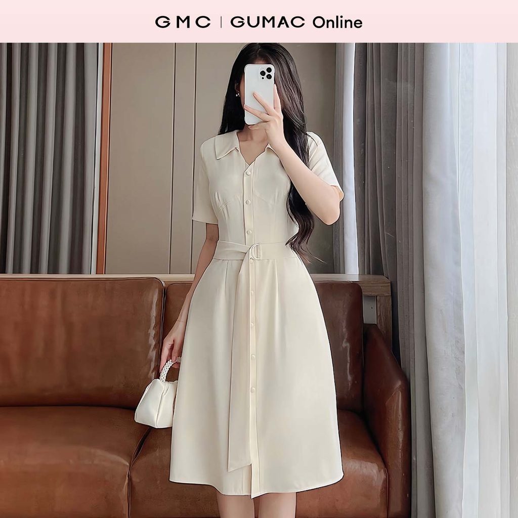 Đầm nữ dáng A thiết kế cổ V phối dây eo thanh lịch công sở thời trang GUMAC DE08011