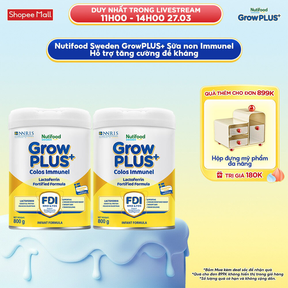 Combo 2 Sữa Bột Nutifood Sweden GrowPLUS+ Sữa Non Immunel lon 800 g (Bao bì tuỳ lô hàng)
