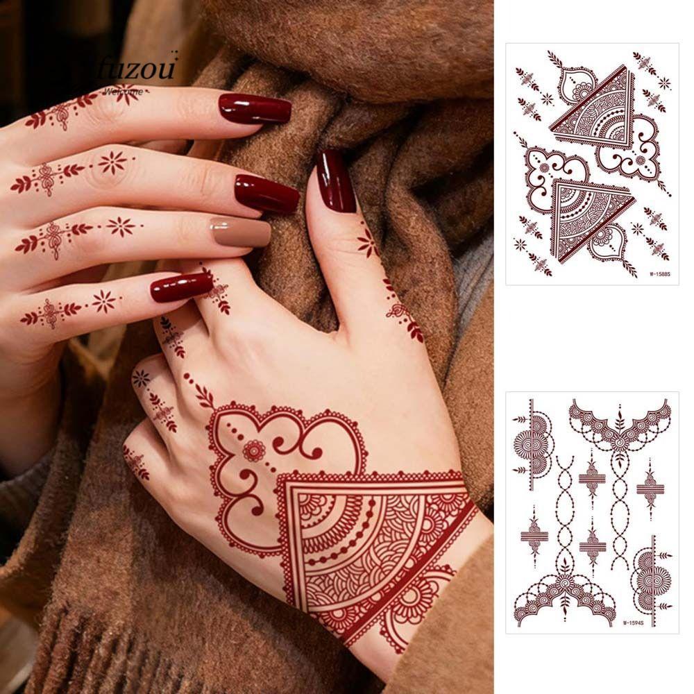FUJIOU Henna Hình Xăm Dán, Đỏ Mehndi Dán Chân Cánh Tay Hình Xăm Tạm Thời, Ren Đỏ Henna Hình Xăm Ren 