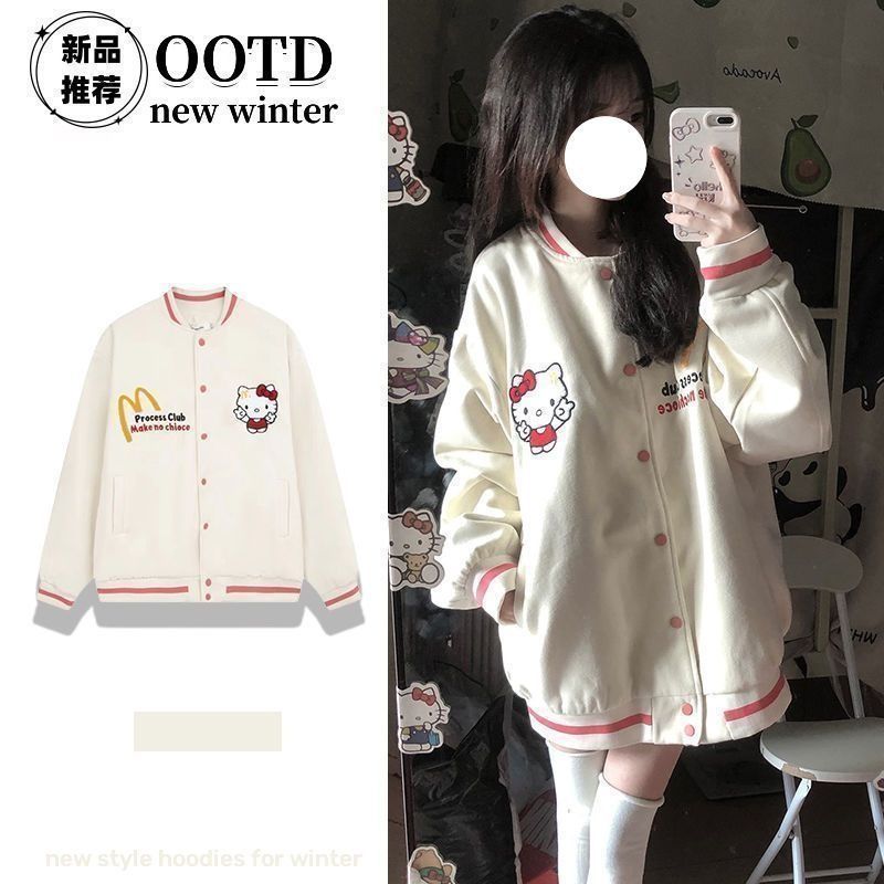 Áo khoác Phong Cách Mỹ Thu Đông Hello Kitty Cardigan High Street Bóng Chày Đồng Phục overiszehiphop 