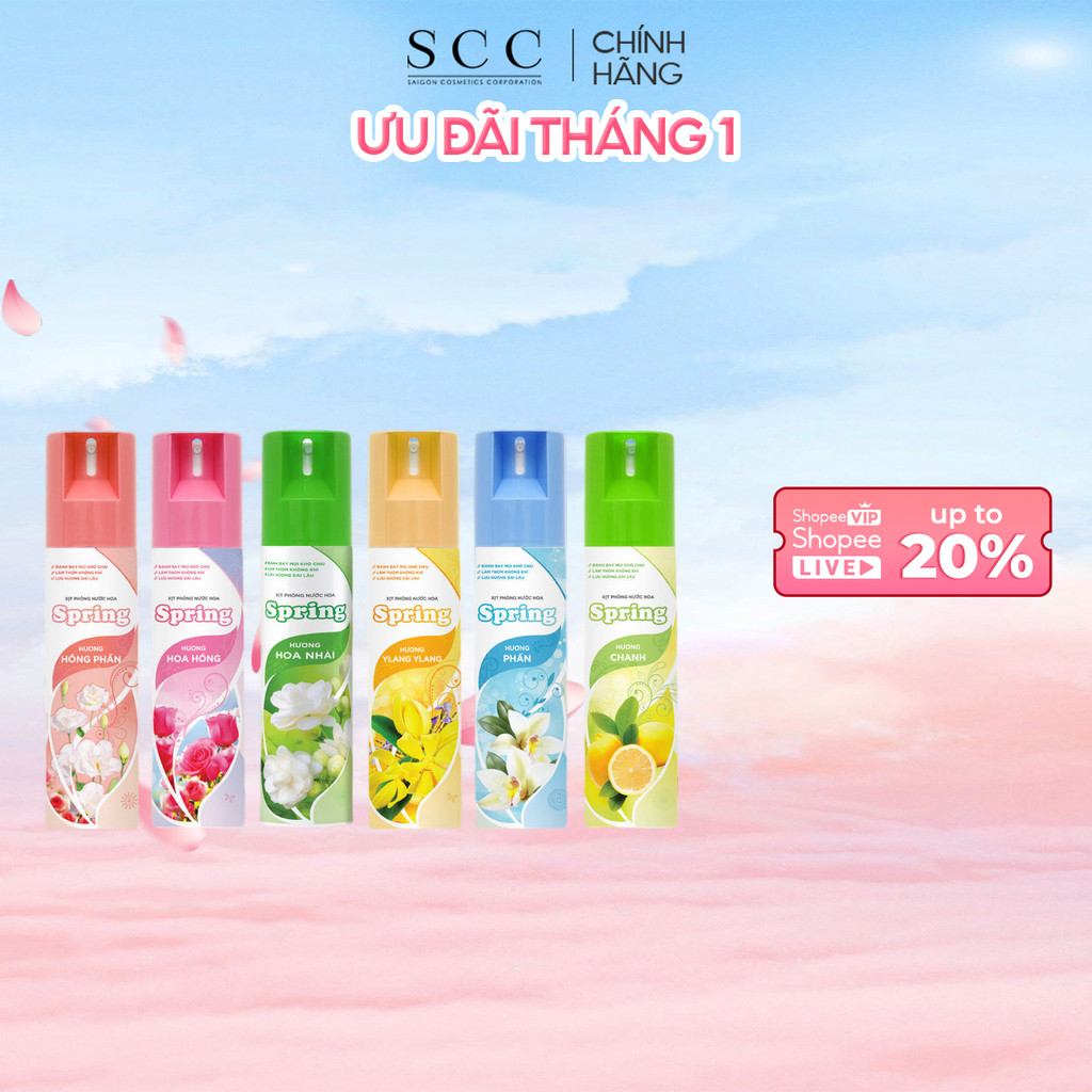 Xịt phòng nước hoa Spring 225ml/chai Hương chanh, phấn, hồng phấn, hoa hồng, hoa Ylang Ylang, Hoa Lài