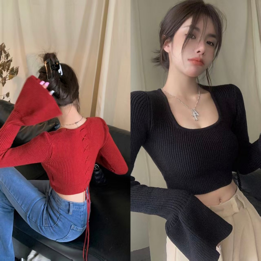 Áo len nữ tay phồng cổ vuông kiểu mới 2026, bó sát và ngắn, có thể mặc lót