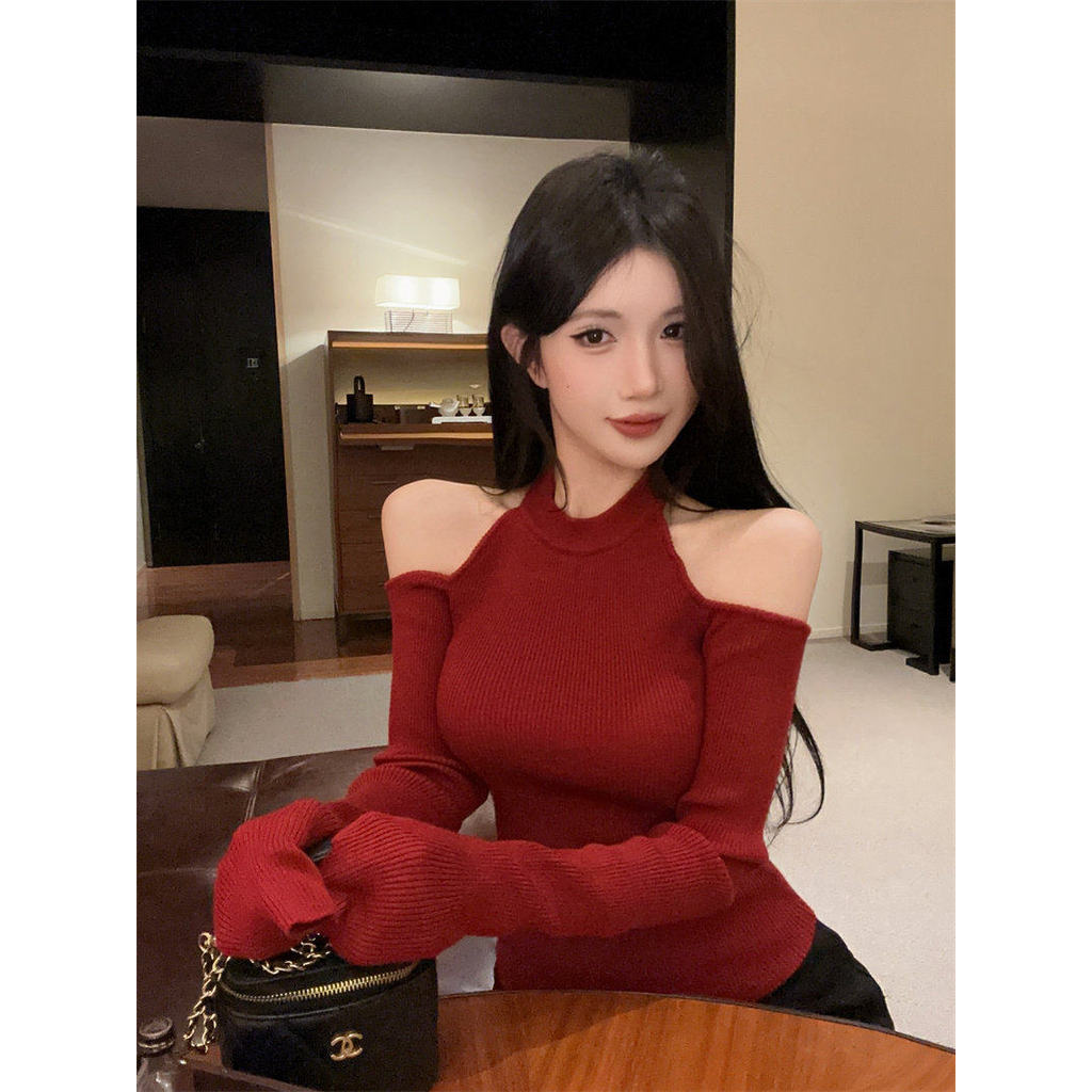 [Andy Velvet] Áo len dài tay slim-fit phong cách Hồng Kông, cổ tròn lệch một bên