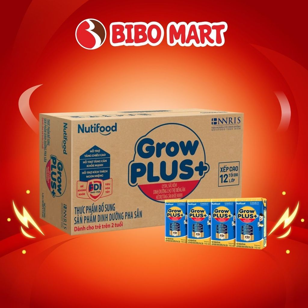 Thùng 48 hộp sữa bột pha sẵn GrowPLUS+ xanh hỗ trợ dinh dưỡng 110ml - Bibomart