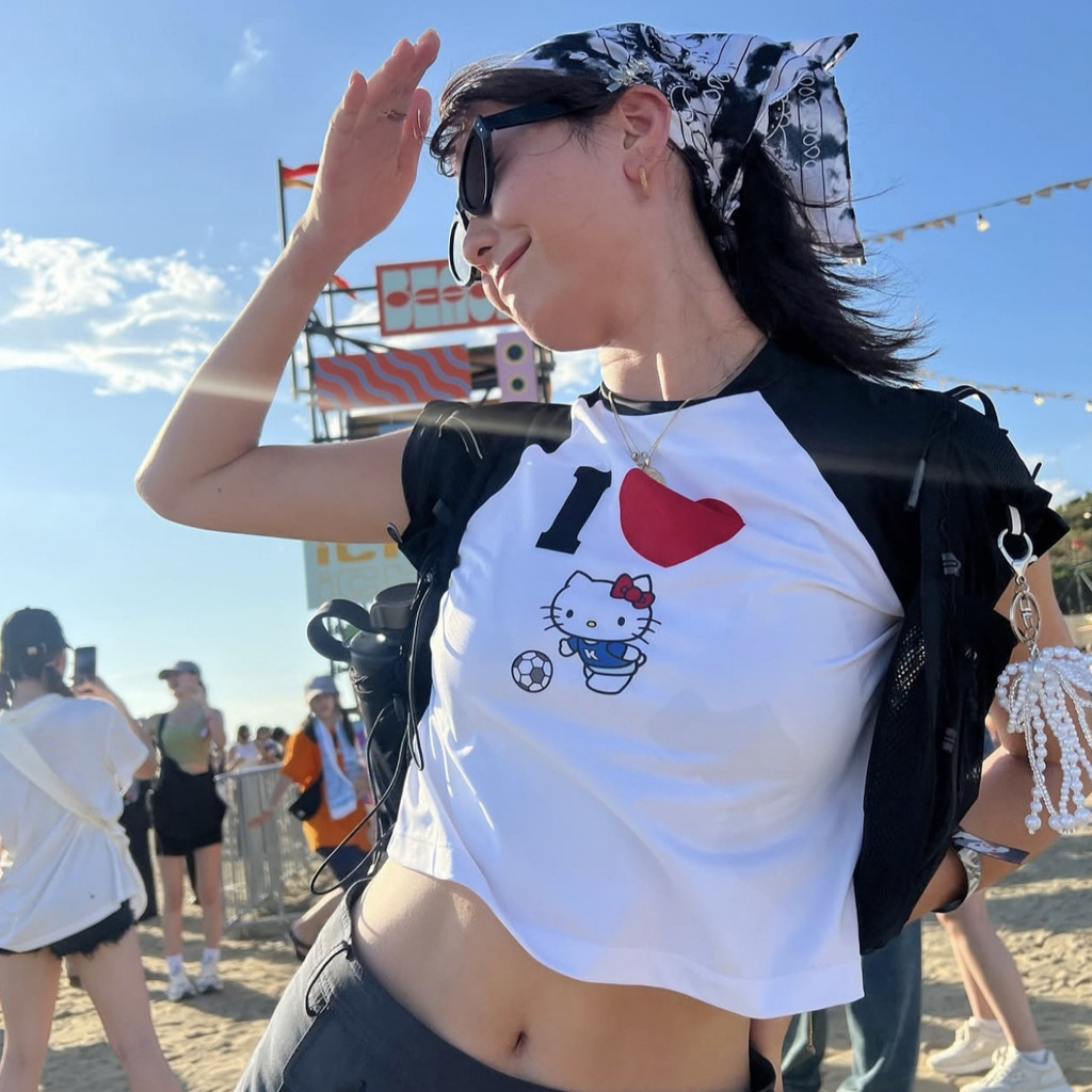 DELIGHTPOOL Joint Name HELLO KITTY Color Block Raglan Short Sleeve Hot Girl Casual Women's Top T Shi