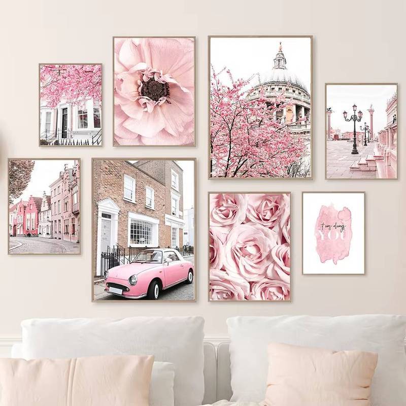 Nghệ thuật treo tường Canvas London màu nước - Hoa anh đào in hoa hồng cho trang trí phòng khách phò