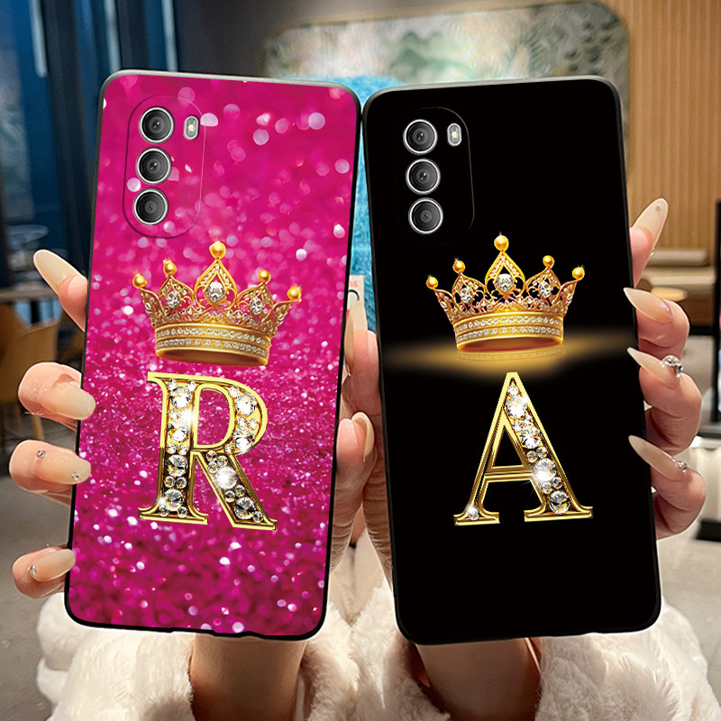 Ốp Điện Thoại Cho Motorola Moto G51 Chữ Cái Ban Đầu Vương Miện In Chống Sốc Ốp Lưng Silicon Thạch Đe