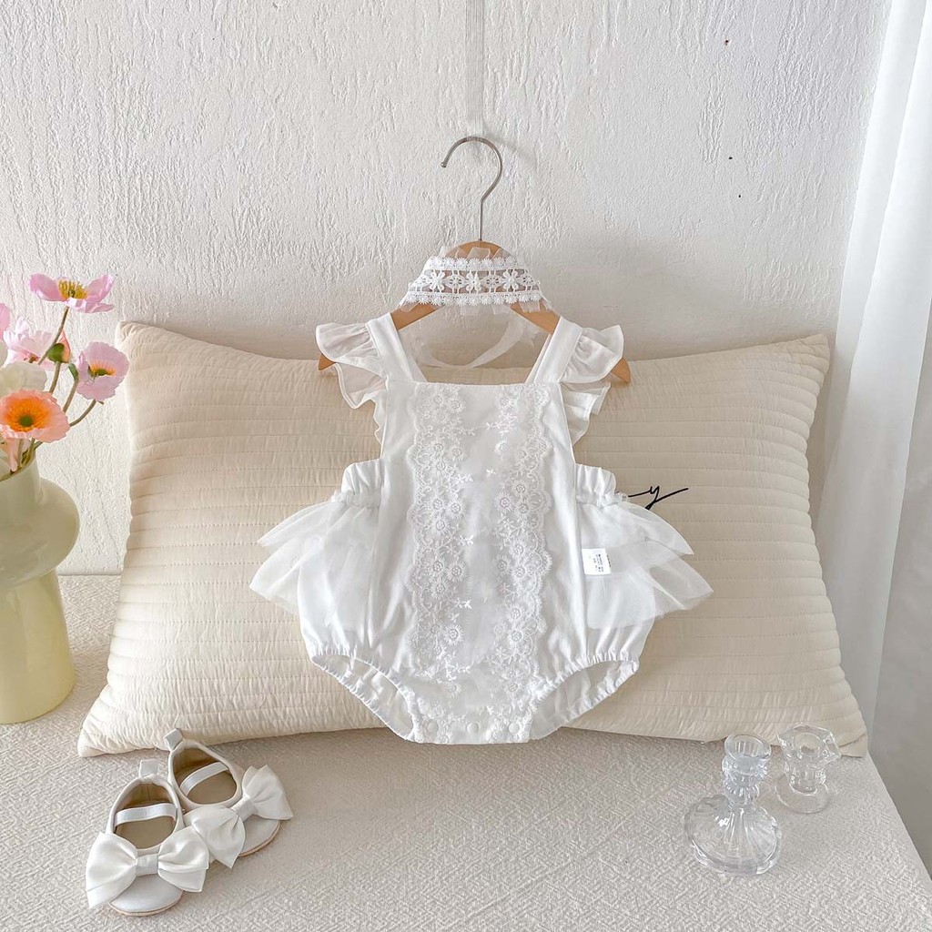 [New] Baby Summer Wear Clothes Thin Onesie Newborn Baby Girl Jumpsuit White Lace Sleeveless Backless