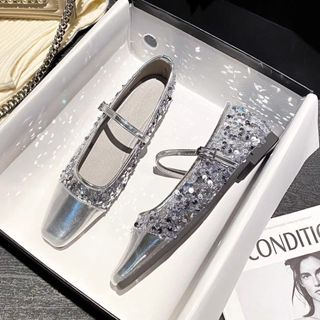 Pháp Sequined Mũi Vuông Flat Mary Jane Giày Nữ 2024 Phong Cách Mới Mùa Xuân Nông Miệng Sang Trọng Giày Nữ / Hạt 3.17
