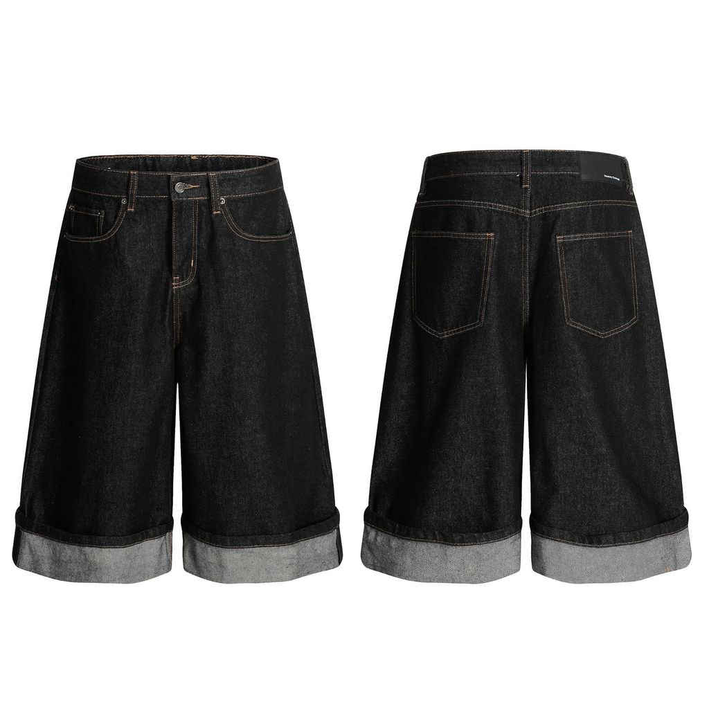 ERJQ VINTAGE BAGGY JORTS Cuffed raw-color denim cropped pants with a high-end feel, loose wide-leg s