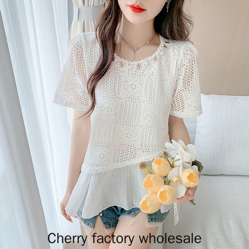 Áo sơ mi voan nữ tay ngắn phong cách mới, cổ tròn đính kim sa lấp lánh, style boho