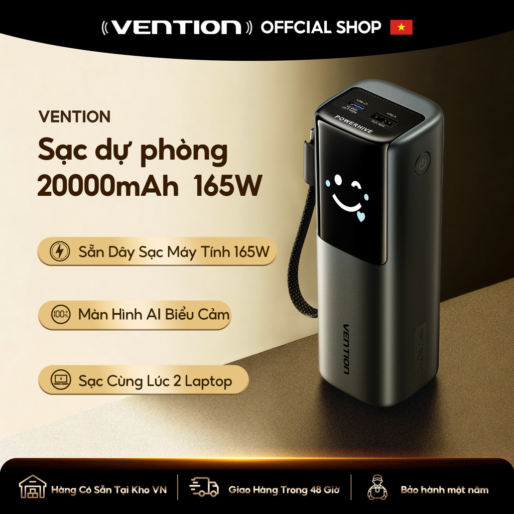 Vention Powerbank 20000mAh 165W Tích Hợp Cáp USB C 5A Sạc Nhanh – Màn Hình TFT Hiển Thị Số, Hàng Chí
