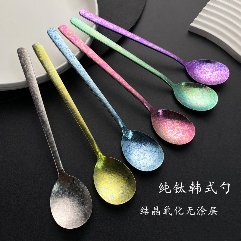 Thìa Titan Nguyên Chất Hàn Quốc Món Tráng Miệng Thìa Tay Cầm Dài Thìa Hộ Gia Đình Thìa Cắm Trại Thìa