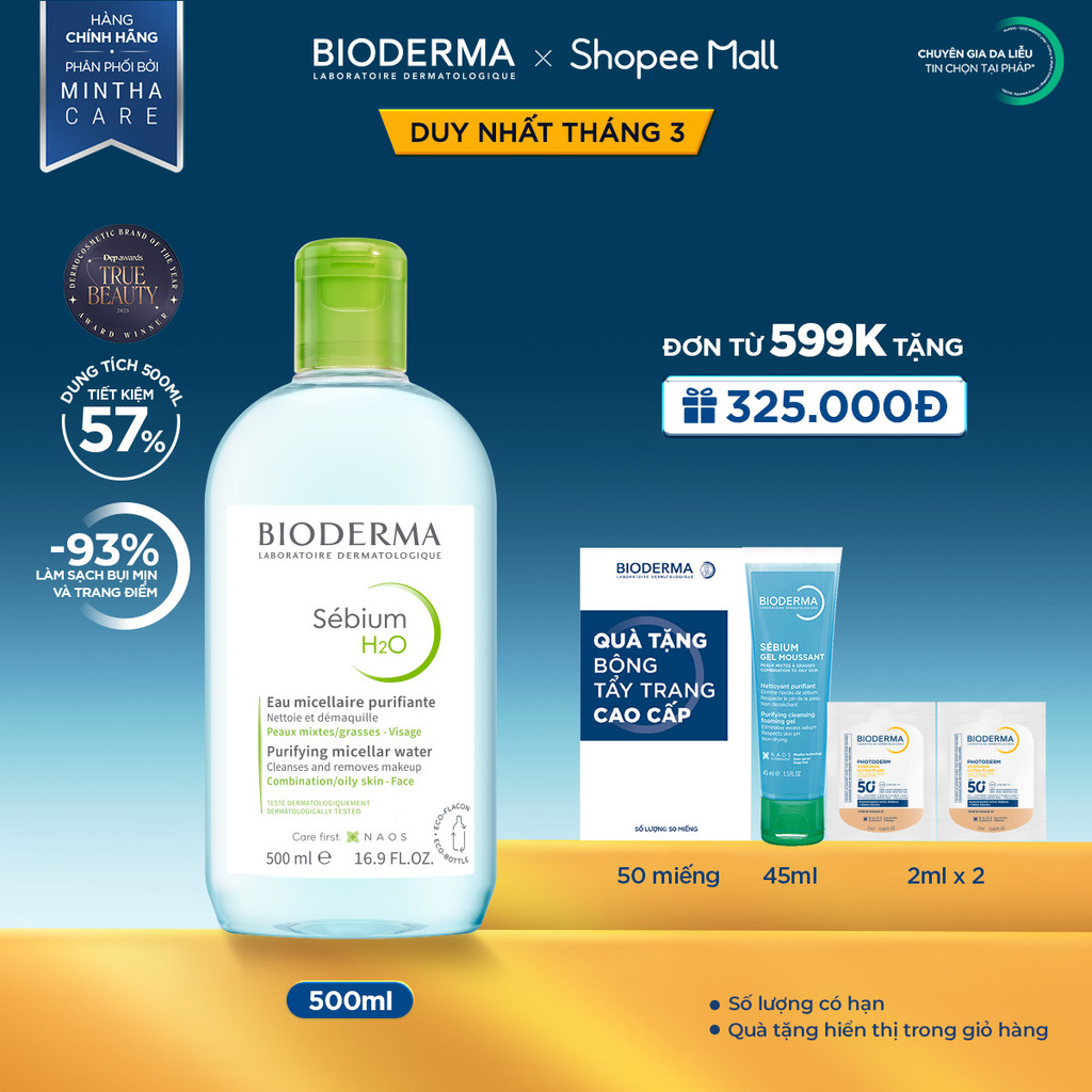 Dung dịch làm sạch và tẩy trang công nghệ Micellar cho da hỗn hợp, da dầu, và da mụn Bioderma Sebium