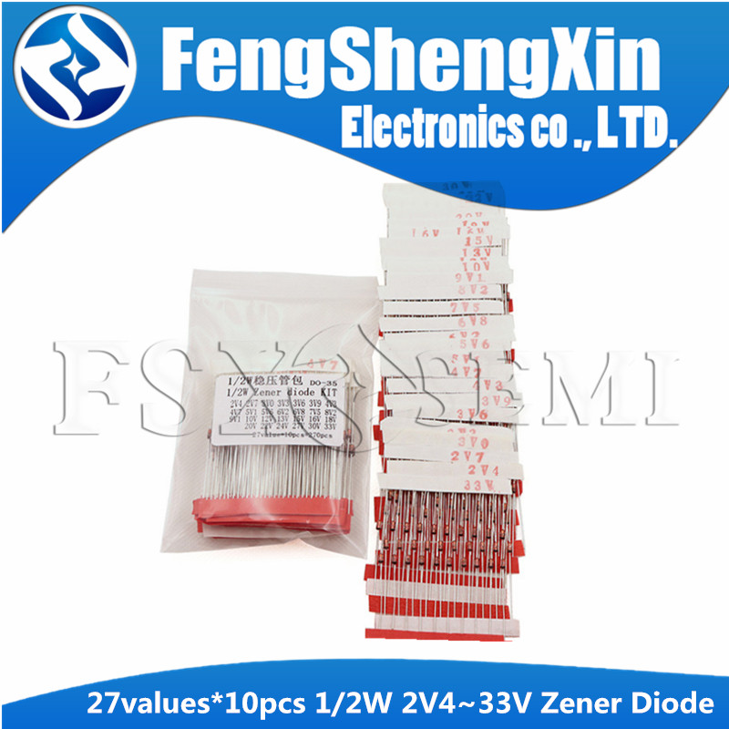 27values X10pcs = 270pcs (2V4 đến 33V) 1 / 2W 0.5W Zener Diode Các Loại Bộ Phân Loại 2V4 2V7 3V0 3V3