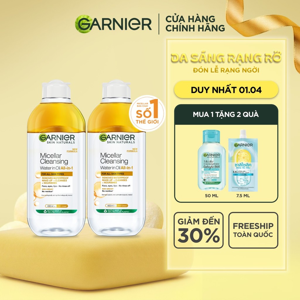 Bộ 2 nước làm sạch và tẩy trang cho da khô & trang điểm Garnier Micellar Water 400ml x 2