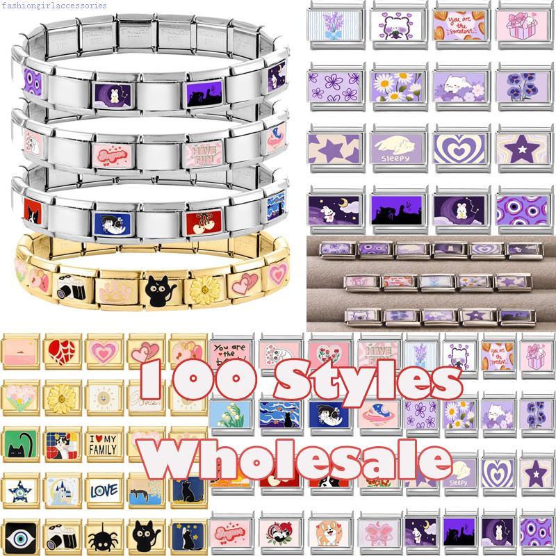 Fashion Dreamy Purple Flowers Cats Moon Heart Italian Charms Fit 9mm Stainless Steel Women Bracelet 