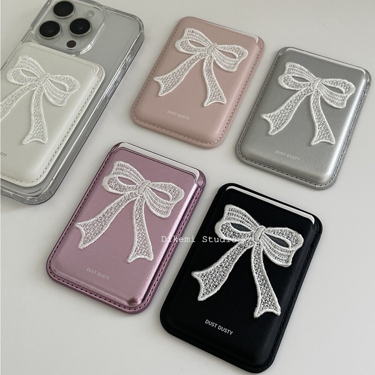 Hộp đựng thẻ từ tính Hàn Quốc ins Niche Sweet Girl Long-Tailed Bow magsafe Vỏ điện thoại từ tính Hộp đựng thẻ da