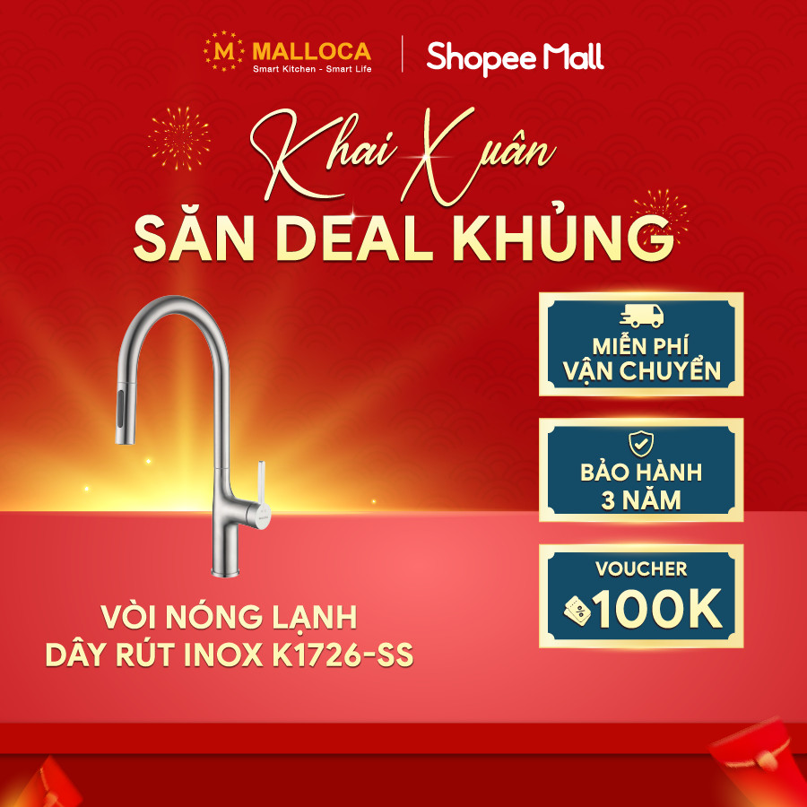 Malloca Vòi Rửa Chén Dây Rút Nóng Lạnh Inox 304 K1726-SS Chống Gỉ Sét Tiết Kiệm Nước Bảo Hành 3 Năm