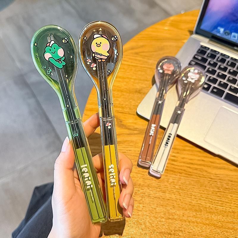 Spot Goods#LINE FRIENDS Authentic Tableware304Stainless Steel Portable Tableware Student Work Brown 