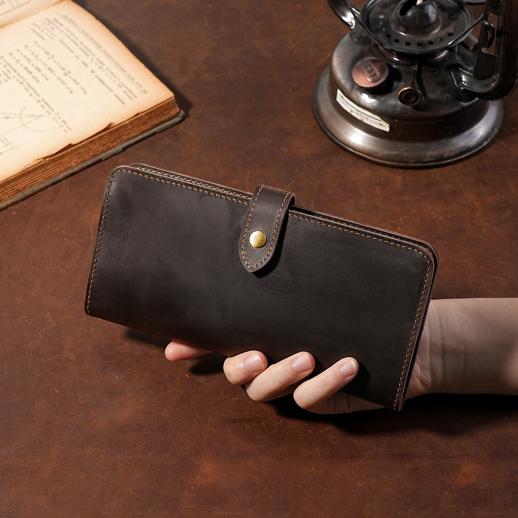 Crazy Horse Leather Long Wallet Men's Large Capacity Multi-Functional Large Wallet inside and outsid