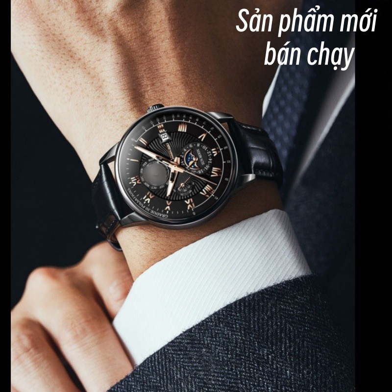 Đồng Hồ Nam Dây Da Cao Cấp,Mặt Đen Viền Rose Gold, Lịch Ngày Đêm, Phong Cách Doanh Nhân Sang Trọng